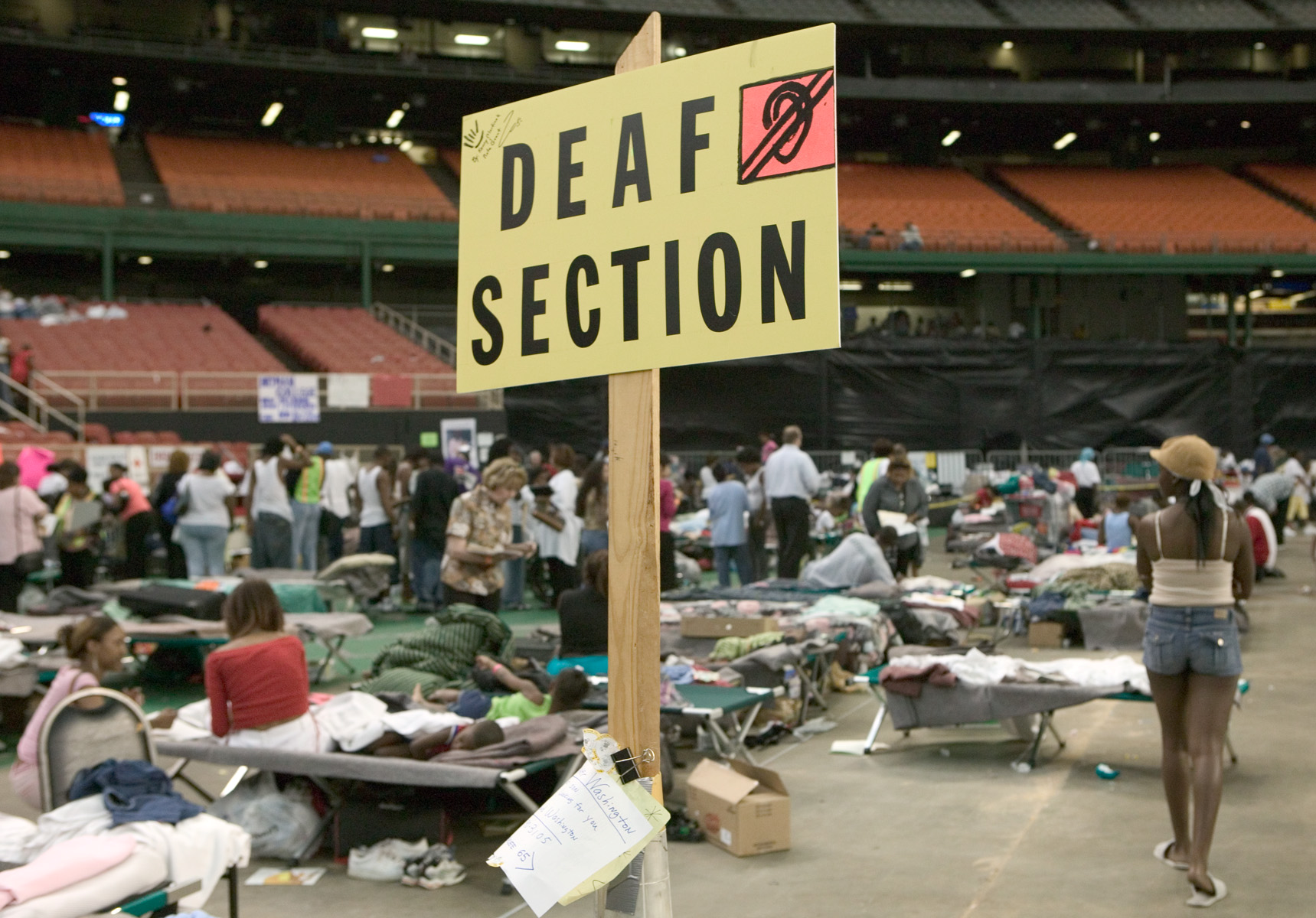 Photo of the deaf section for Hurricane Katrina evacuees at the Houston Astrodome.