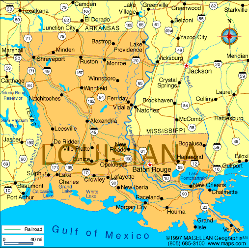 Map of Louisiana with area effected by hurricane marked in red.