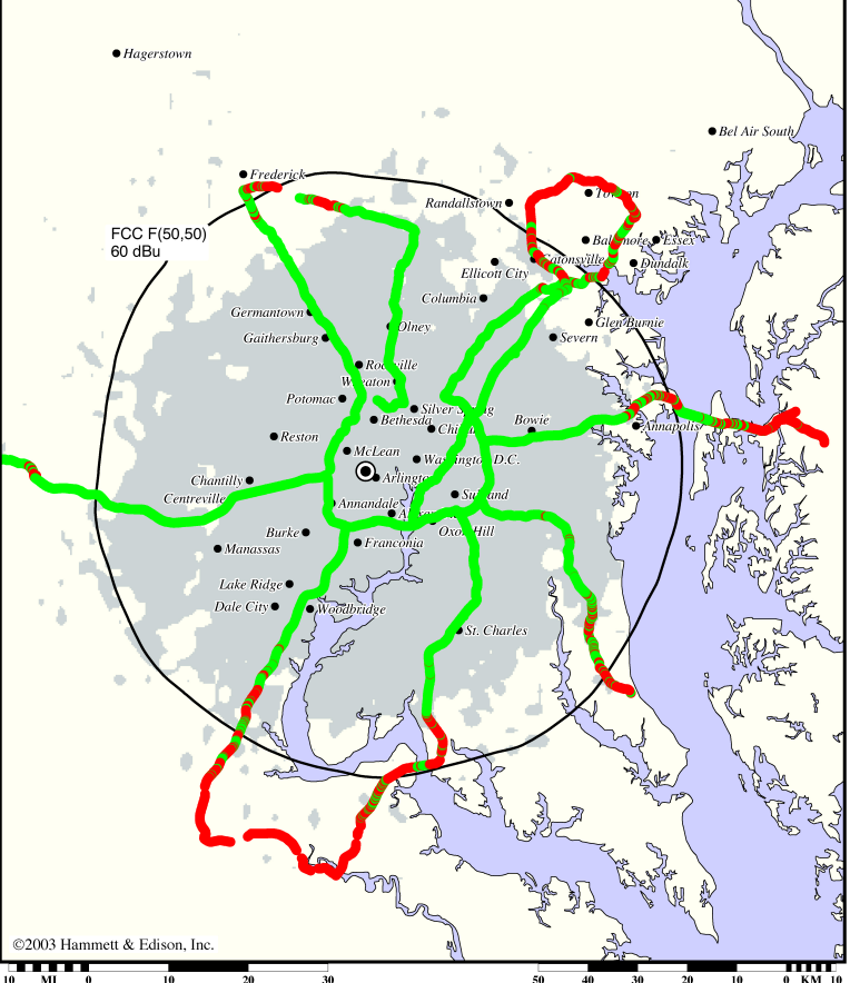 Map, centered on Arlington, Virginia, showing the broadcast reach of WETA-FM/HD.