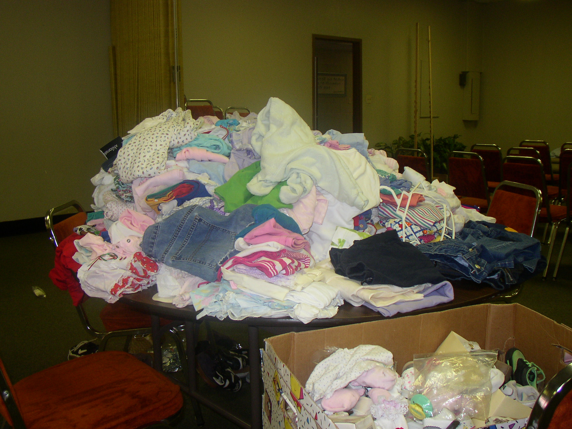 Photo of a mountain of donated clothing and toiletries.