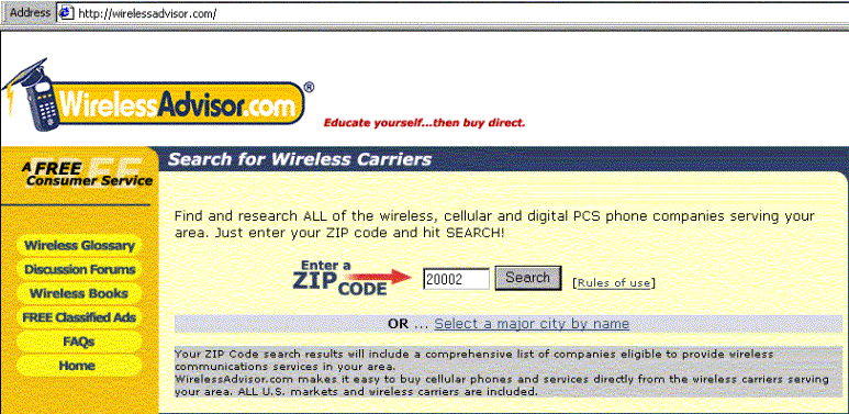 Screen shot of wirelessadvisor.com website, with zip code entered for search criteria.