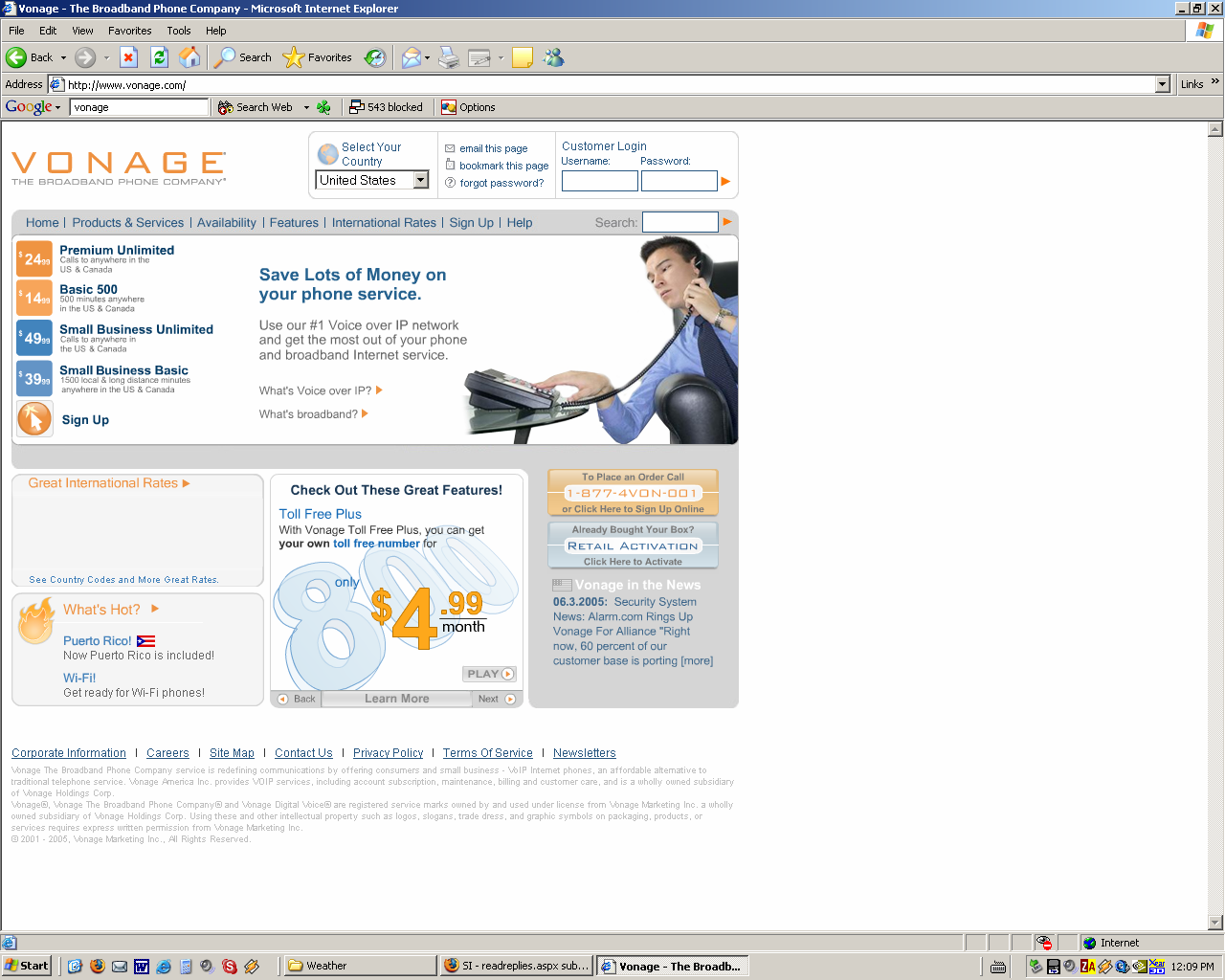 Screen shot of the Vonage home page.