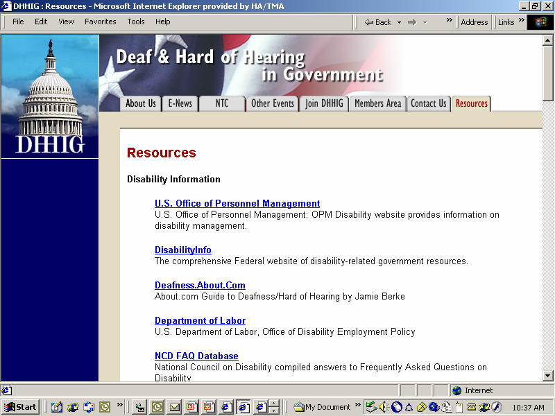 Screen Shot of Deaf and Hard of Hearing in the Federal Government web page.