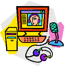 Cartoon-like drawing of a computer tower, monitor, keyboard, headphones, and microphone.