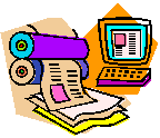 Cartoon of a computer and printed papers coming out of printing rollers.