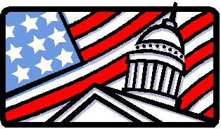 Graphic of US Capitol dome in front of American flag.