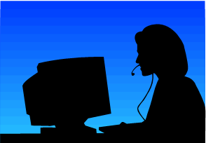 Image of a woman sitting at a computer monitor wearing a headset.