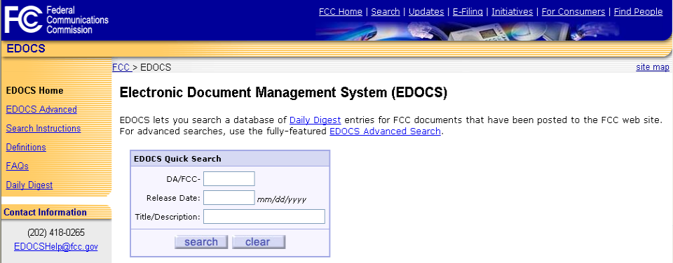 Screen shot of FCC's web page to retrieve an NPRM or Report and Order.
