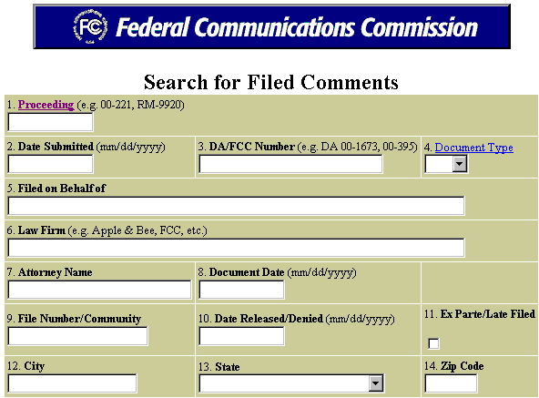 Screen shot of FCC's web page to search for filed comments.