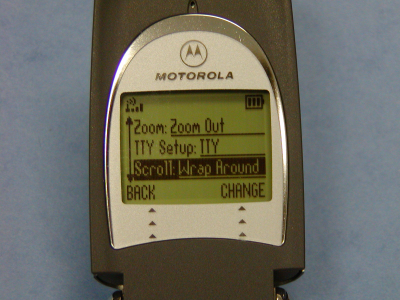 Screen on Motorola cell phone, indicating TTY setup.