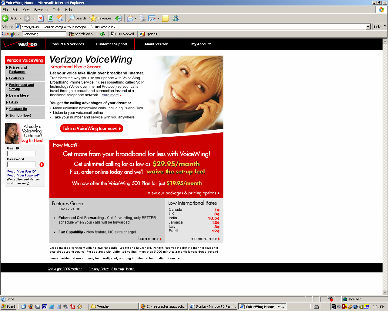 Screen shot of the Verizon VoiceWing home page.