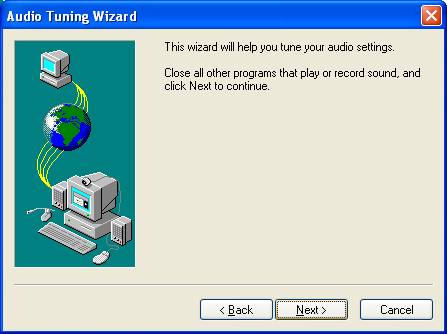 Graphic of NetMeeting's audio settings Wizard dialog box.