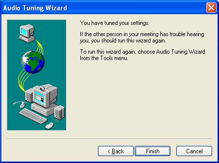 Graphic of NetMeeting's audio tuning wizard completion dialog box.