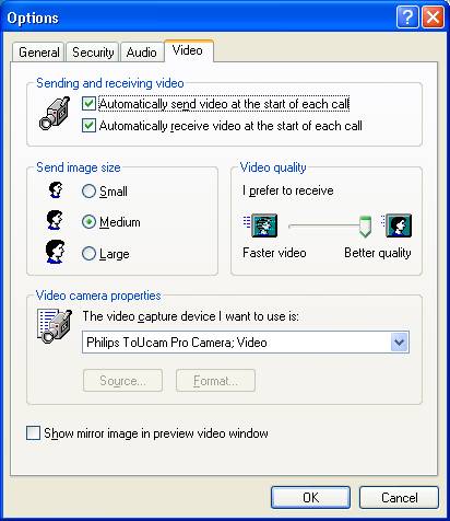 Graphic of NetMeeting's video options dialog box.