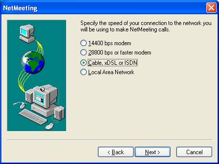 Graphic of NetMeeting's Connection Speed setting dialog box.