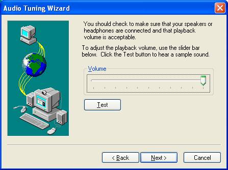 Graphic of NetMeeting's Playback Volume Test dialog box.